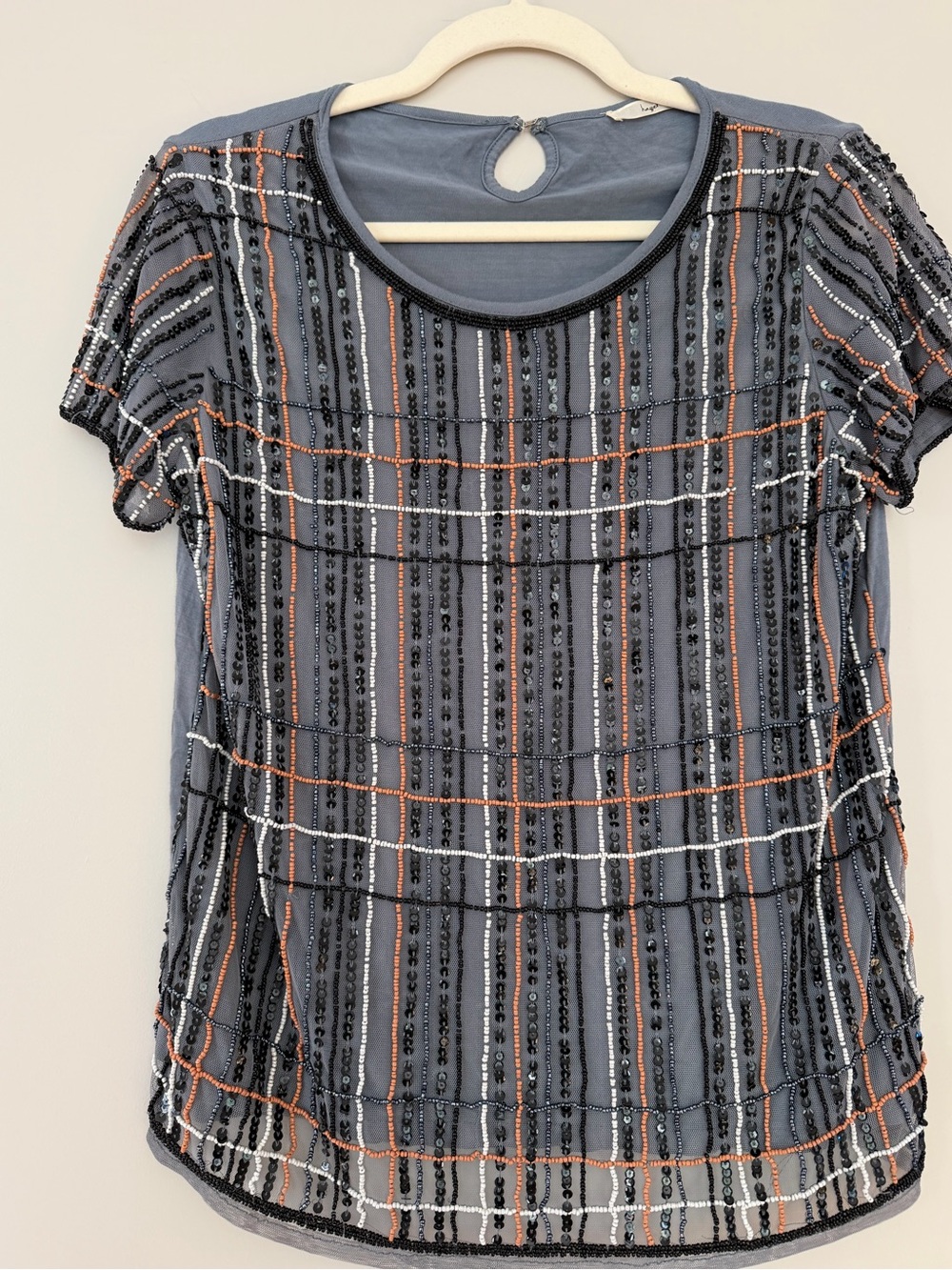 hazel Gray Beaded Short-Sleeve Tee with Black and Orange Stripes